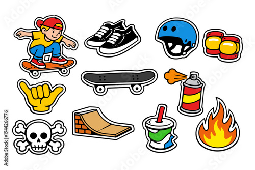 Colorful skateboarding stickers: boy, gear, and icons.