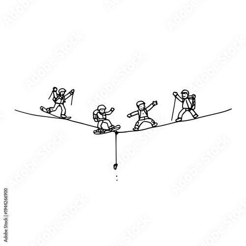 Four hikers balancing on tightrope over void one falling black line art illustration white background adventure concept
