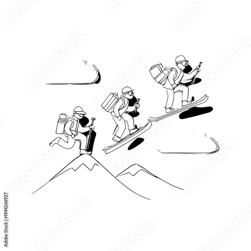 Three climbers skiing down snowy mountain peaks with heavy backpacks and equipment in simple black line art illustration