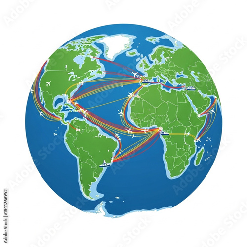 Globe with Multiple Flight Routes Displayed.