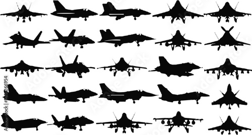 WebLarge Collection of Modern Fighter Jet Silhouettes Showing Military Combat Aircraft from Multiple Angles Isolated on White Background