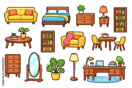 Colorful cartoon furniture set with sofa, bed, desk, and decor elements.