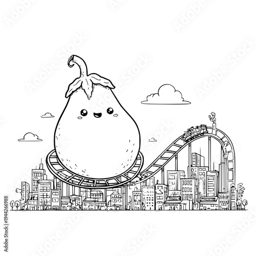 A smiling cartoon pear on a rollercoaster track in a cityscape with clouds and buildings