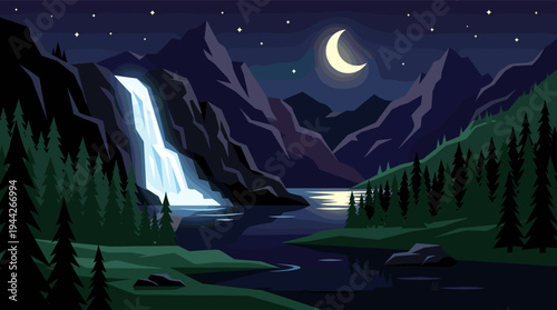 An illustration depicting a vibrant waterfall illuminated by the moon cascading into a still lake surrounded by mountains and evergreen trees under a starlit sky.