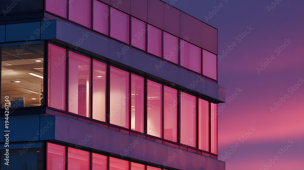 Fototapeta premium Modern Building Facade with Reflective Windows at Sunset or Sunrise Against a Vibrant Purple and Pink Sky, Architectural Details