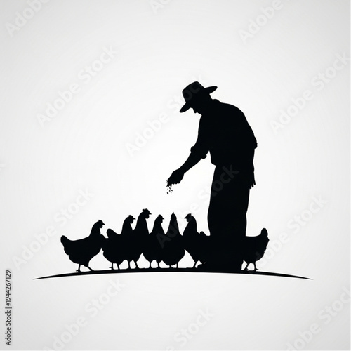 Farmer Feeding Chickens Silhouette Illustration.