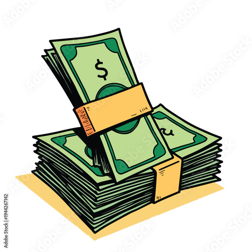 A cartoon illustration of stacked money bills.