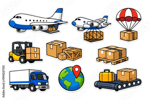 Cartoon logistics icons featuring airplanes, cargo, forklift, truck, and globe with parcel.