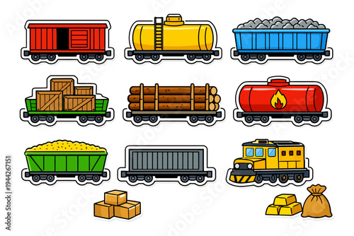 Colorful train cars and cargo icons collection.