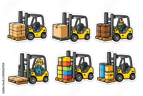 Cartoon forklifts handling various loads with caucasian male operators.