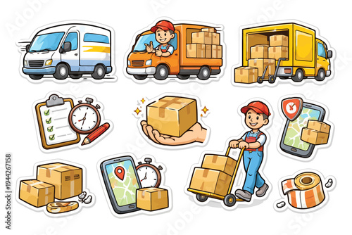 Cartoon delivery service illustrations with trucks, packages, and male couriers.