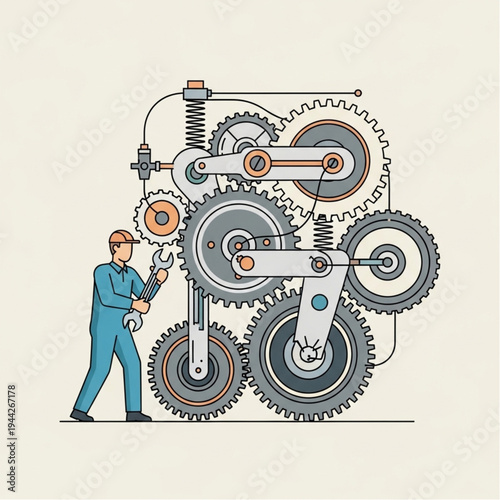 Mechanic Inspecting Complex Mechanical Gear System.