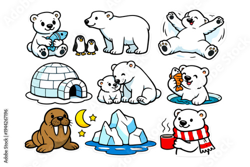 Playful polar bears and arctic animals in a winter wonderland cartoon.
