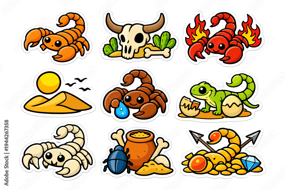 Obraz premium Desert-themed cartoon stickers featuring scorpions, animals, and symbols.
