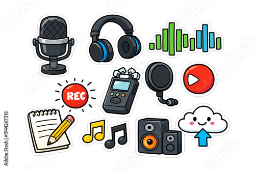 Colorful audio equipment stickers: microphone, headphones, recorder, icons.