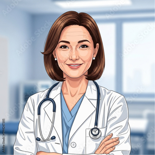 Female Doctor Cartoon Character with Stethoscope.
