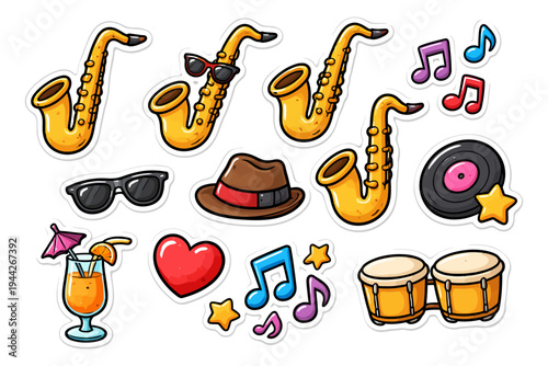 Colorful jazz elements: saxophones, records, and musical notes with retro vibe.