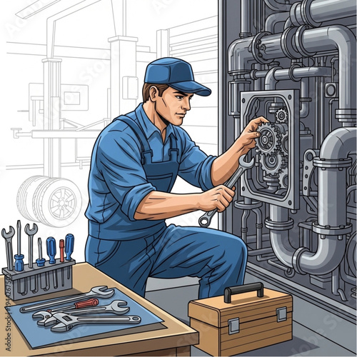 Mechanic Working on Industrial Machinery Equipment.