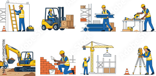 Construction Workers Performing Various Tasks Including Excavation, Bricklaying, Surveying and Material Handling – Industrial Building Site Activities Illustration Set