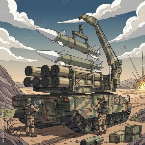 Military Missile Launcher Vehicle in Desert.