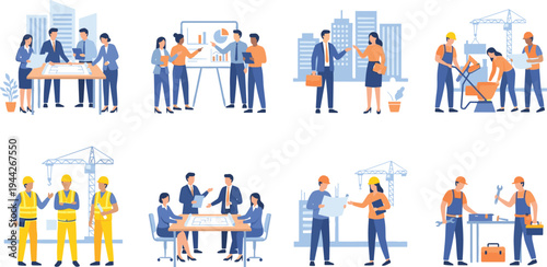 Business and Construction Teams Collaborating on Urban Development Project – Engineers, Architects and Builders Planning and Working on City Infrastructure Illustration Set