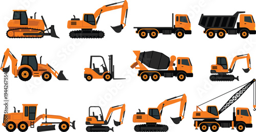 Set of Heavy Construction Machinery Including Excavator, Bulldozer, Crane and Dump Truck – Industrial Equipment Vector Illustration Collection