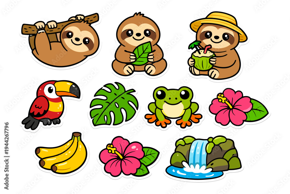 Obraz premium Cute sloth and tropical animals: toucan, frog, waterfall, bananas, hibiscus.