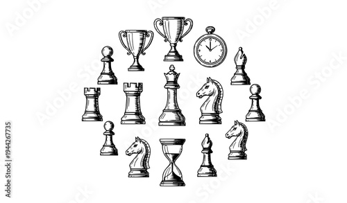 Engraved Chess Piece Icon Collection Pawn Rook Knight Bishop Queen King Chessboard Trophy Timer Vector Set