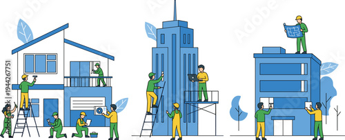 Building Maintenance and Construction Workers Painting, Repairing and Inspecting Residential and Commercial Properties – Urban Renovation and Property Service Illustration