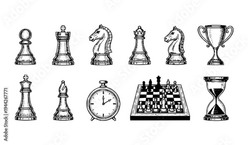 Vintage Engraved Chess Tournament Icon Pack Pawn Rook Knight Bishop Queen King Timer Trophy Vector Set