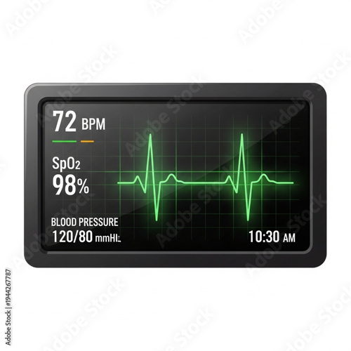Medical Monitor Displaying Heart Rate and Blood Pressure.