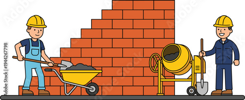 Bricklaying Construction Workers Building Wall with Wheelbarrow and Concrete Mixer – Masonry and Building Site Illustration