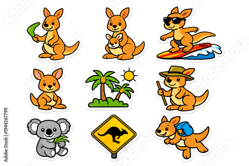 Cute cartoon kangaroos in various activities with koala and tropical elements.