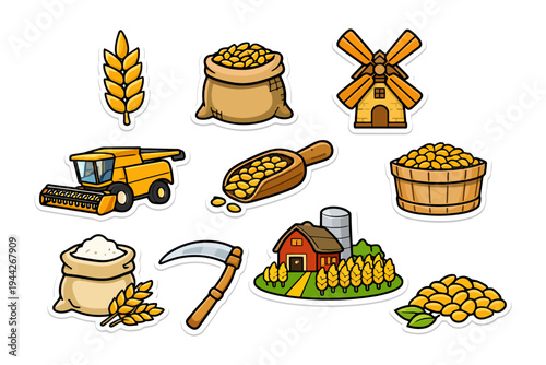 Harvest icons: farming tools, grain bags, wheat, mill, farm scene.