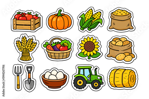 Colorful farm produce and tools collection with vegetables and equipment.