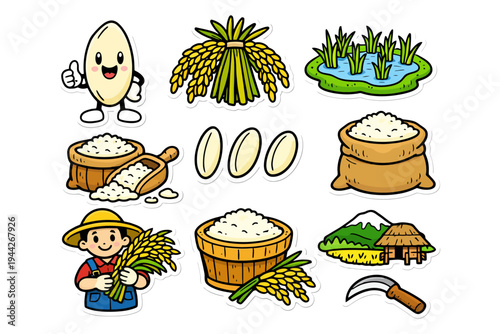 Cartoon rice harvest: farm elements with farmer and tools.