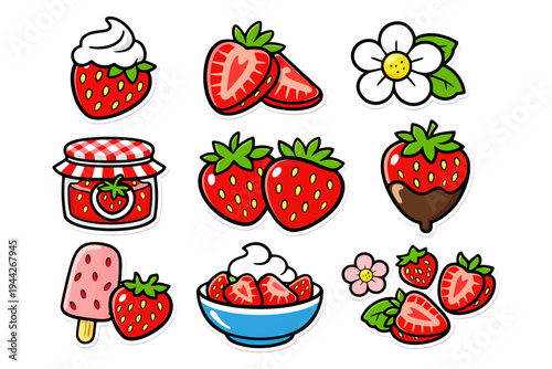 Colorful strawberry-themed cartoon stickers with ice cream and flowers.