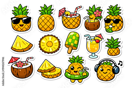 Cute pineapple and coconut cartoon stickers with sunglasses and drinks.