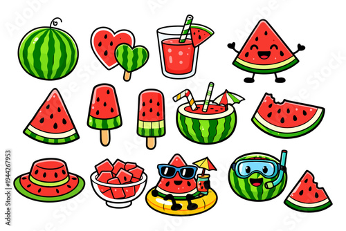 Cartoon watermelon characters in various fun summer themes.