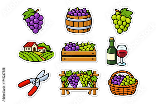 Colorful vineyard icons with grapes, wine, and harvest tools.