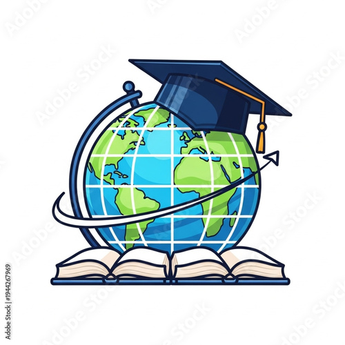 Graduation Cap on Globe with Books.