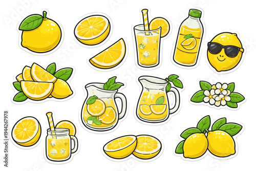 Vibrant lemon illustrations: slices, drinks, and fresh citrus elements.