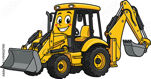 Cute Cartoon Backhoe Loader Excavator with Smiling Face – Yellow Construction Vehicle Character Illustration for Kids and Roadwork Concept