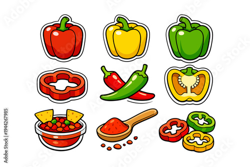 Colorful bell peppers and spices illustration with salsa and chili peppers.