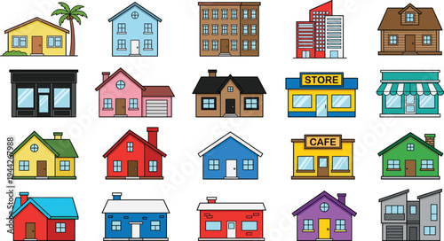 Set of Residential and Commercial Buildings Icons – Colorful Houses, Storefronts, Cafe and Urban Architecture Illustration Collection