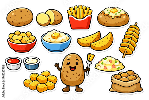 Cartoon potato dishes: chips, fries, mashed, baked, happy character.