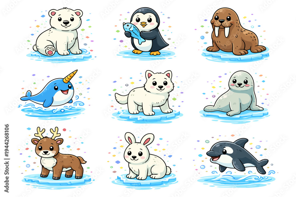 Fototapeta premium Cute arctic animals: polar bear, penguin, walrus, narwhal, seal, fox, reindeer, rabbit, orca.