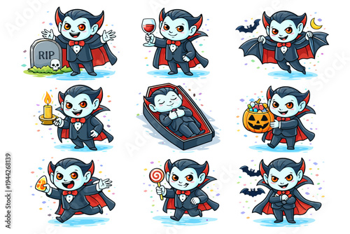 Cute cartoon vampire characters in various halloween-themed poses.