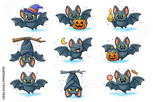 Cute cartoon bats in halloween costumes with pumpkins and candles.