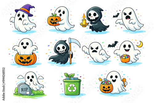 Cute cartoon ghosts with pumpkins and costumes in halloween scenes.